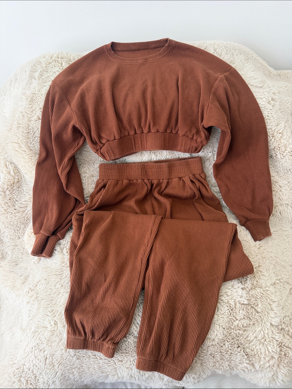 Cropped Ribbed Jogger Set - Rust